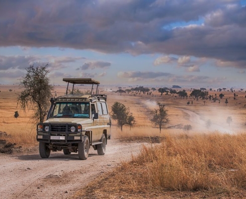A Toyota Landcruiser Safari car travelling in the Serengeti National Park