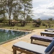 A picture of the swimming pool (Africa Safari Lake Manyara Lodge) with Zebras grazing in the background