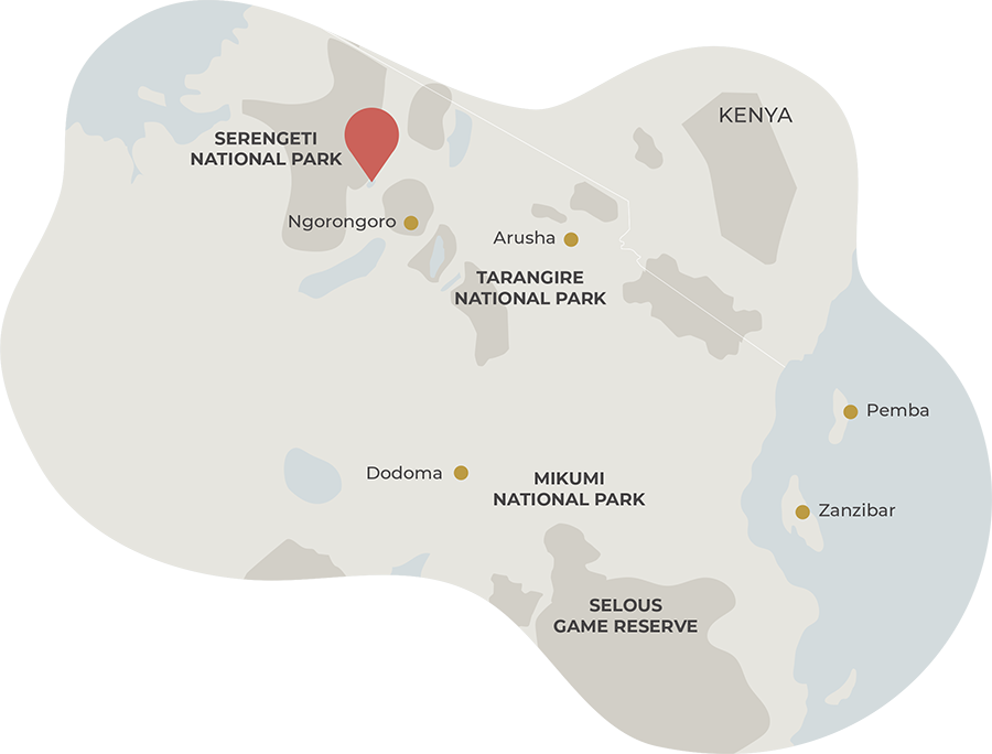 A map of the northern Safari circuit in Tanzania with a red pin marker in the Lake Ndutu area (part of the Serengeti eco system)