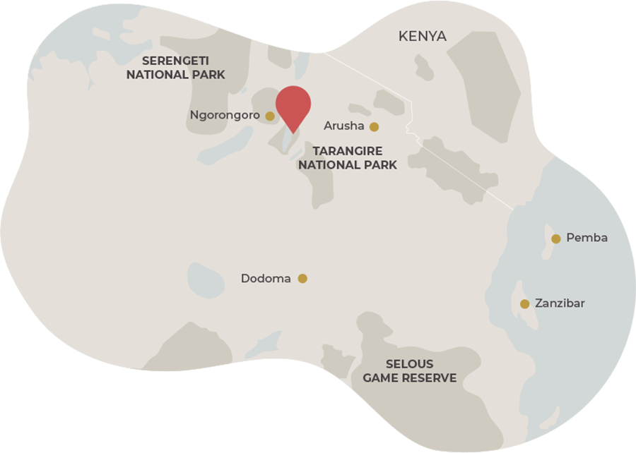 A schematic map with important national parks of the Northern Safari Circuit in Tanzania