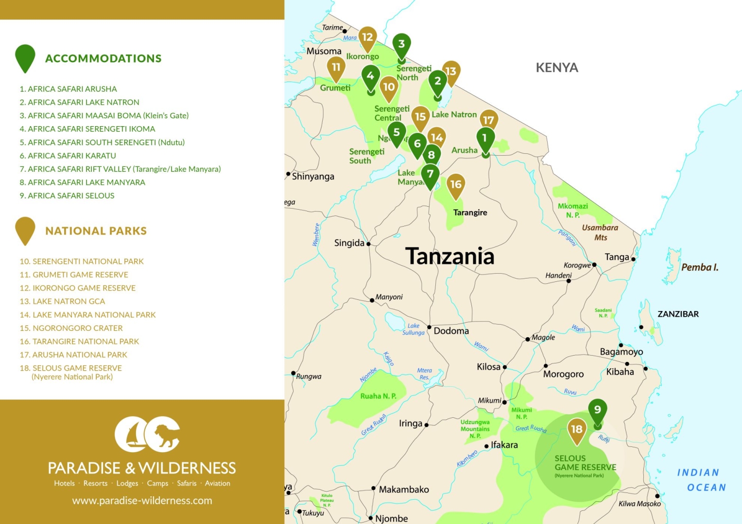 A map of eastern Tanzania with Africa Safari Lodges (Paradise & Wilderness group)