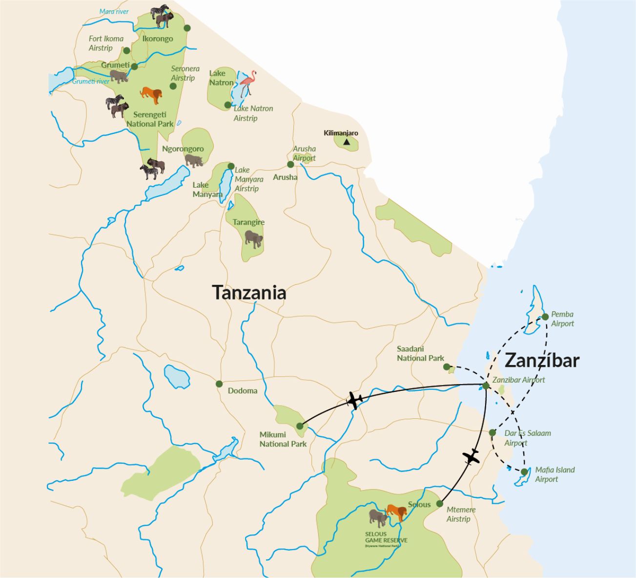A schematic map of eastern Tanzania with fly-in Safari routes from Zanzibar to Mikumi National Park and Selous Game Reserve from the Zanzibar Archipelago