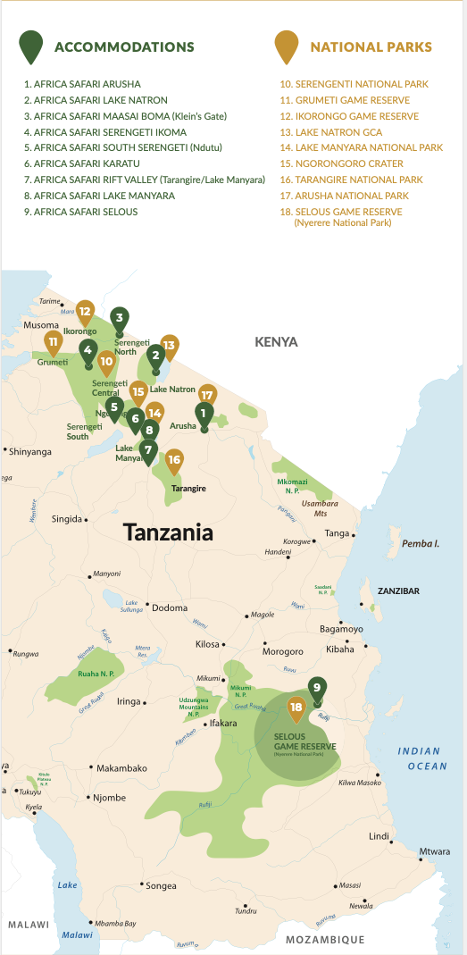 A map of National Parks and Africa Safari Lodges in Tanzania